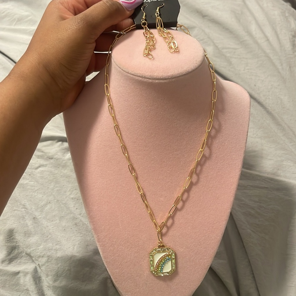 NWT Gold Rainbow Pendant Necklace w/ Earrings - Picture 5 of 6